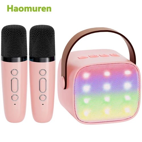 Haomuren Mini máquina de Karaoke portátil Bluetooth 5,3 altavoz PA con 2 micrófonos inalámbricos para el hogar familia canto regalo K12
