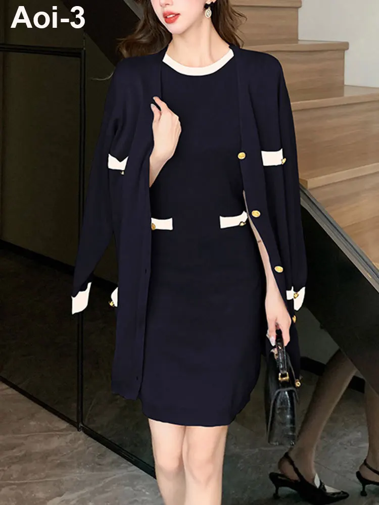

Casual Contrast Color Knitted Suit Women 23 Autumn Winter O-Neck Short Coat+V-Neck Long Cardigan+Short-Sleeved Dress 3-Piece Set