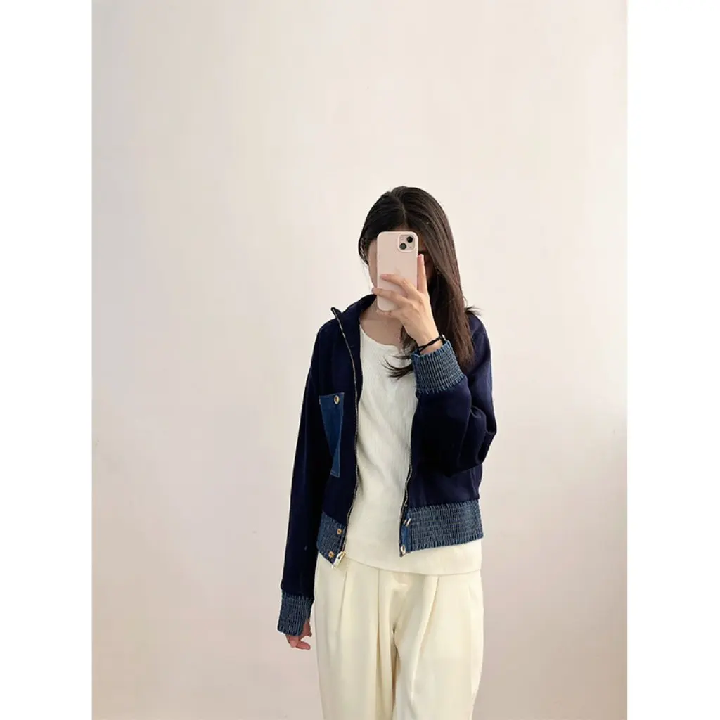 

Autumn New French Stitching Pocket Lapel Zipper Knitted Cardigan Jacket Women's Temperament 2024S 240169