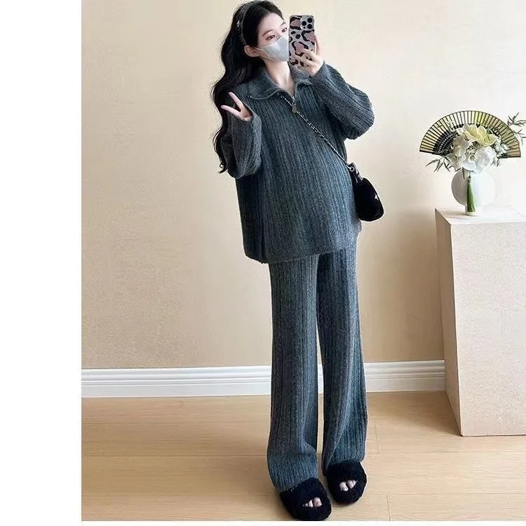 Nový podzimní zimní těhotenský set 2025, dámský pletený top s límcem na zip a široké kalhoty, dvoudílný těhotenský outfit - náhled 6