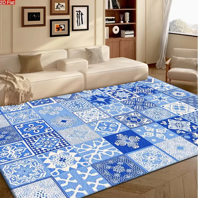 Blue White Moroccan Tile Carpet Flooring, Vintage Patchwork Ceramic Floral Non-Slip Area Rug for Kitchen Living Room Home Decor