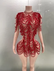 Women Sexy Mesh Transparent Rhinestones chain Short Dress Queen Stage Singer Dancer Night party Clubwear Las Vegas Photo Shoot