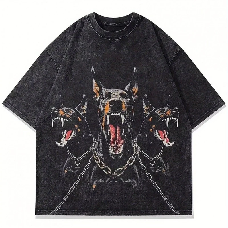 

Men and Women Punk Goth Dog Pattern T-shirt Retro Streetwear T-shirt with Chain Neck Loose Fit Round Neck All Season Casual Top