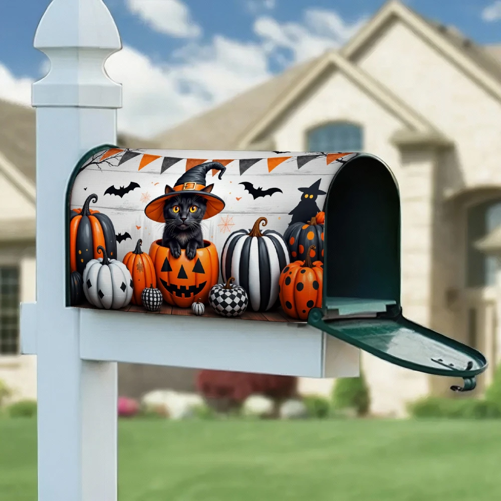 1pc Halloween black cat and pumpkin themed mailbox cover, suitable for outdoor yard and standalone mailbox decoration
