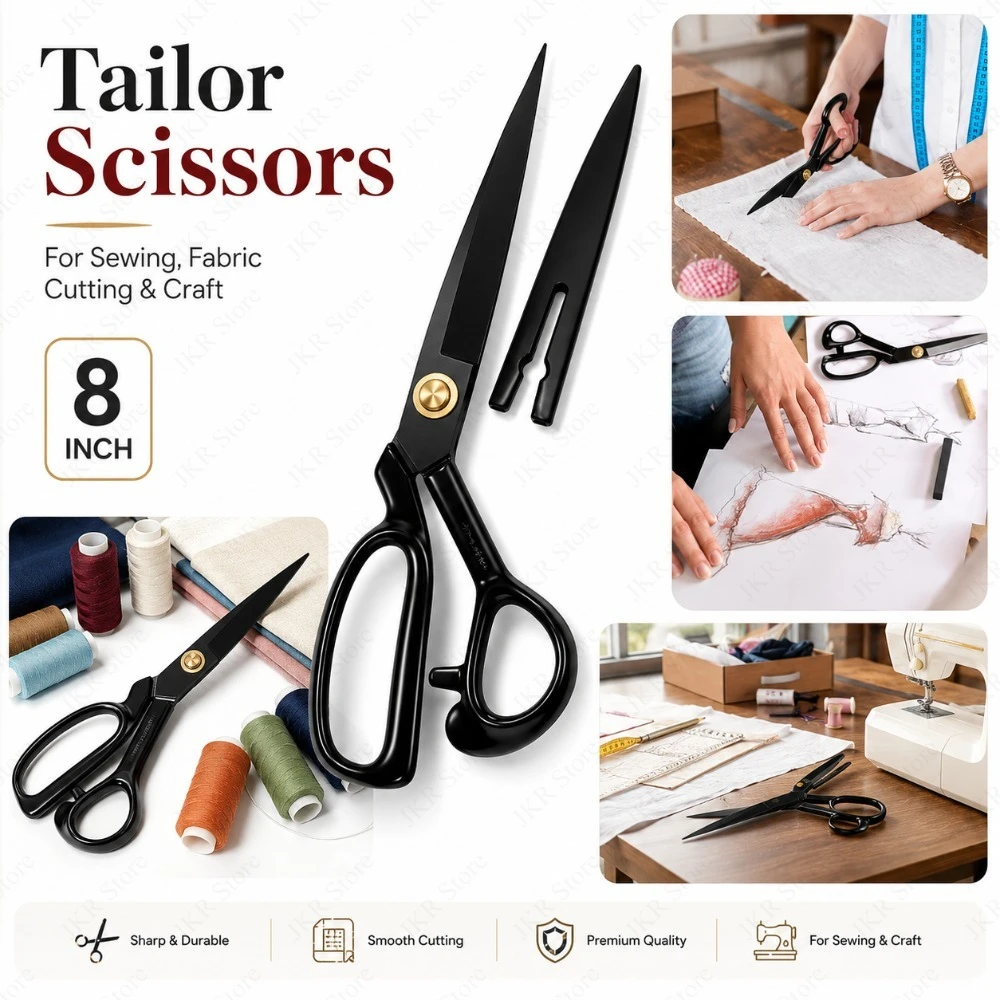 

8 Inch Black Stainless Steel Sewing Scissors Tailor Shears with Safety Cover for Fabric Cutting Dressmaking Craft DIY Use Tool
