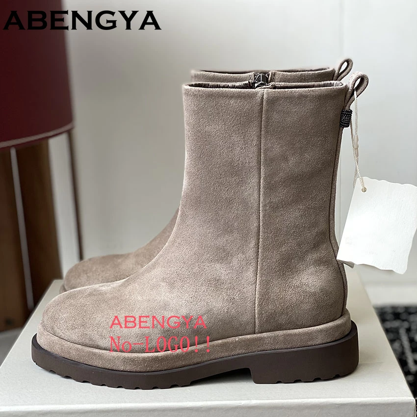 Suede Leather Short Boots Woman String Bead Chain Thick Sole Shoes Woman Round Toe Slip-on Knit Patchwork Flat Ankle Boots Women