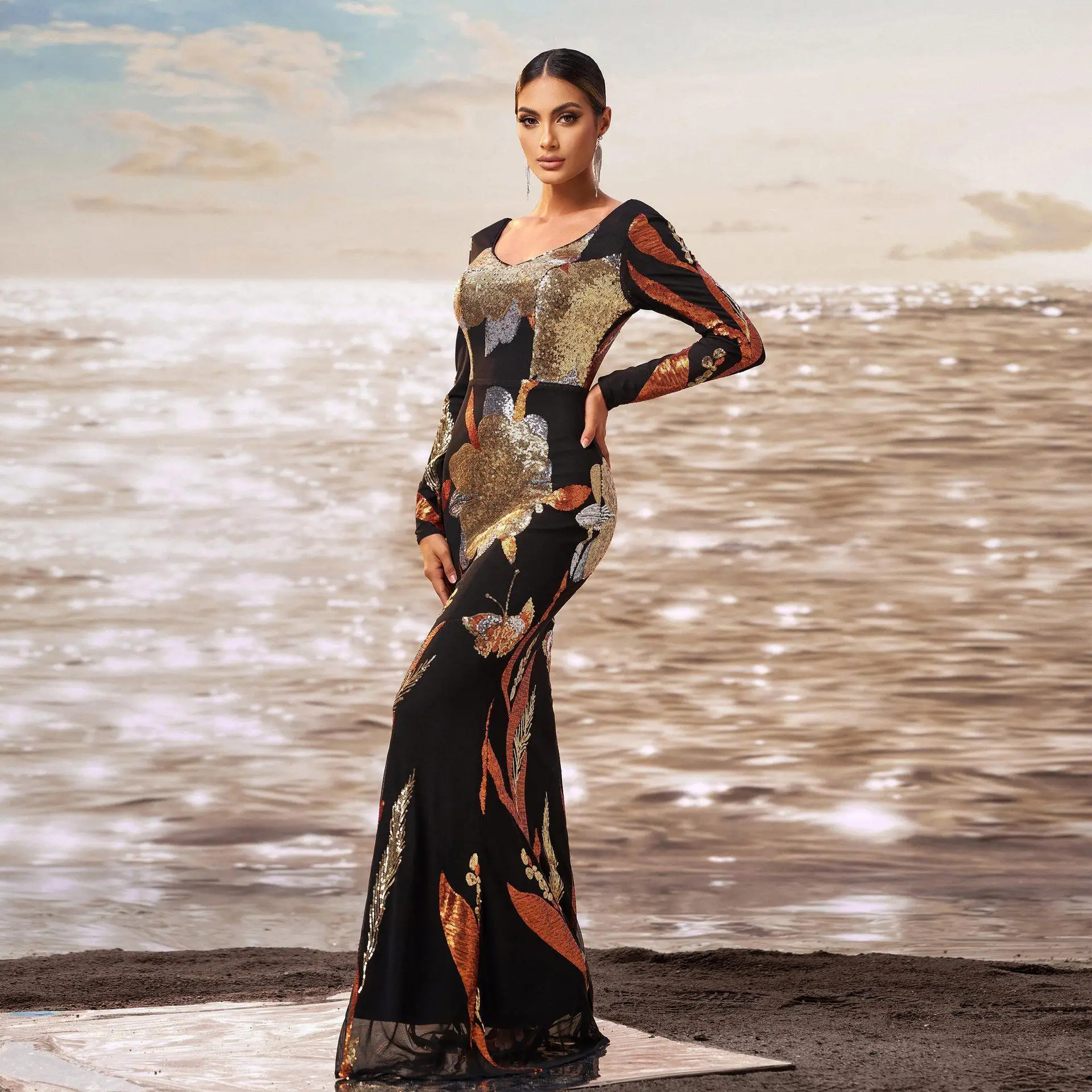 Robe de soirée longue Sve v-ne coupe ajustée moulante paillettes Fi queue Dr Ball Dr Commute Sle taille haute t-shirt fibre d'acétate