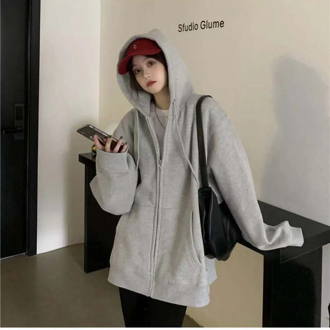 Women Hoodies Solid Color Zip Up Pocket Loose Harajuku Korean Sweatshirts Female Long Sleeve Hooded Streetwear Casual Tops 2023