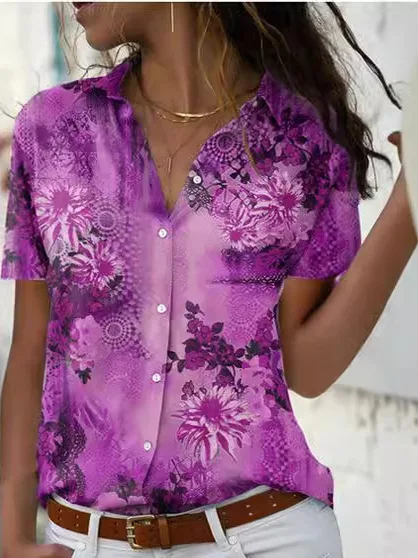 Faionable Impreso Slim Fit ort Sve irt Mujer Cuello vuelto Fibra de poliéster Commute Sle Producción china