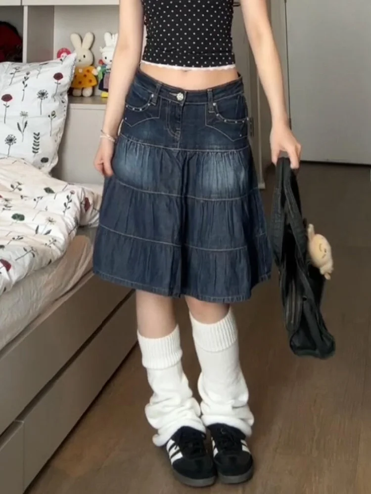 

Retro American Waed Plaid Cake Skirt Women's Spicy Design Versatile A-Line Denim Skirt High Waist Midi Pure Color