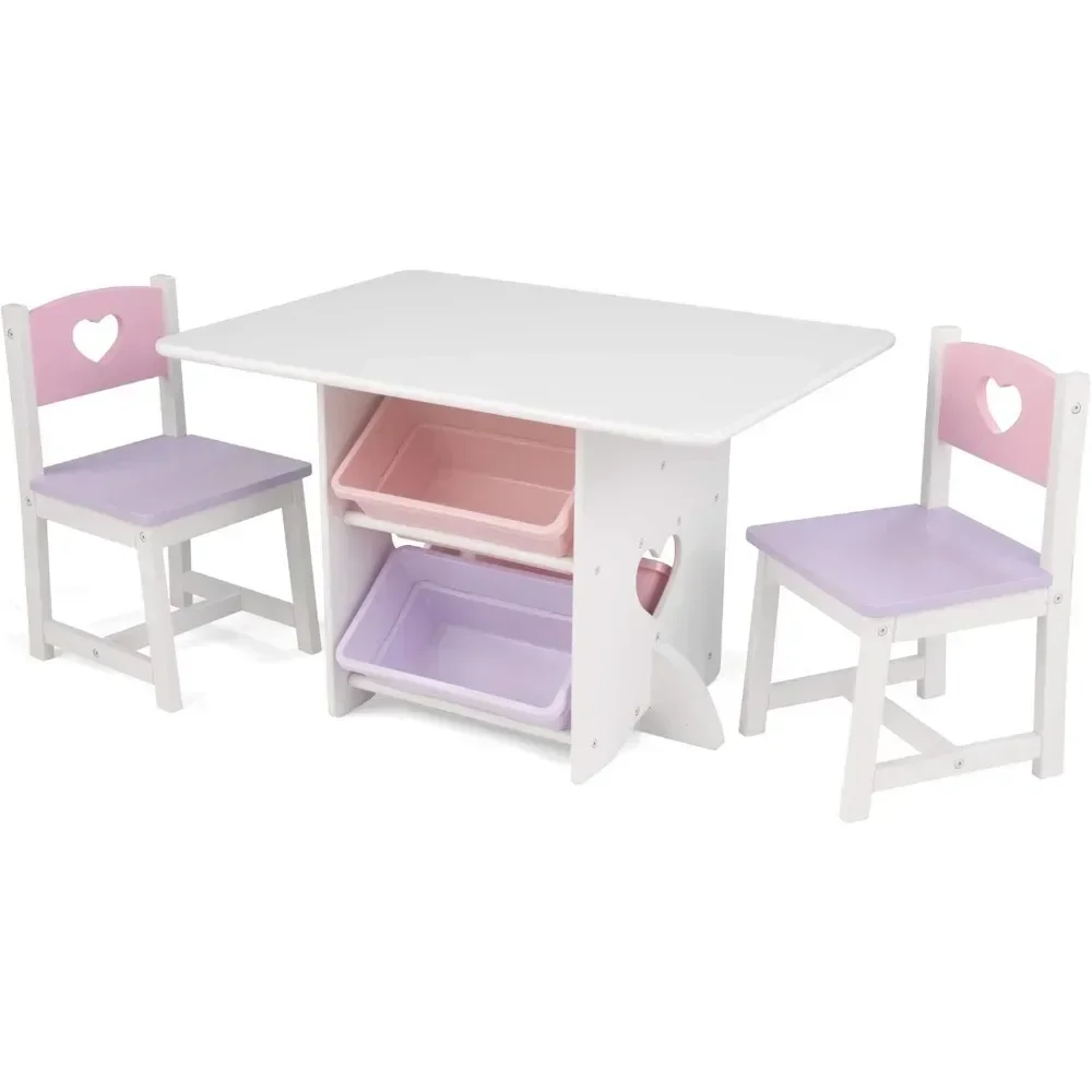 Wooden Heart Table & Chair Set with 4 Storage Bins, Children's Furniture – Pink, Purple & White, Gift for Ages 3-8