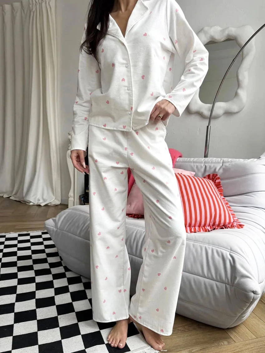 

Marthaqiqi Printing Ladies Nightgown Suit Turn-Down Collar Sleepwear Long Sleeve Pajama Pants Loose Female Nightwear 2 Piece Set