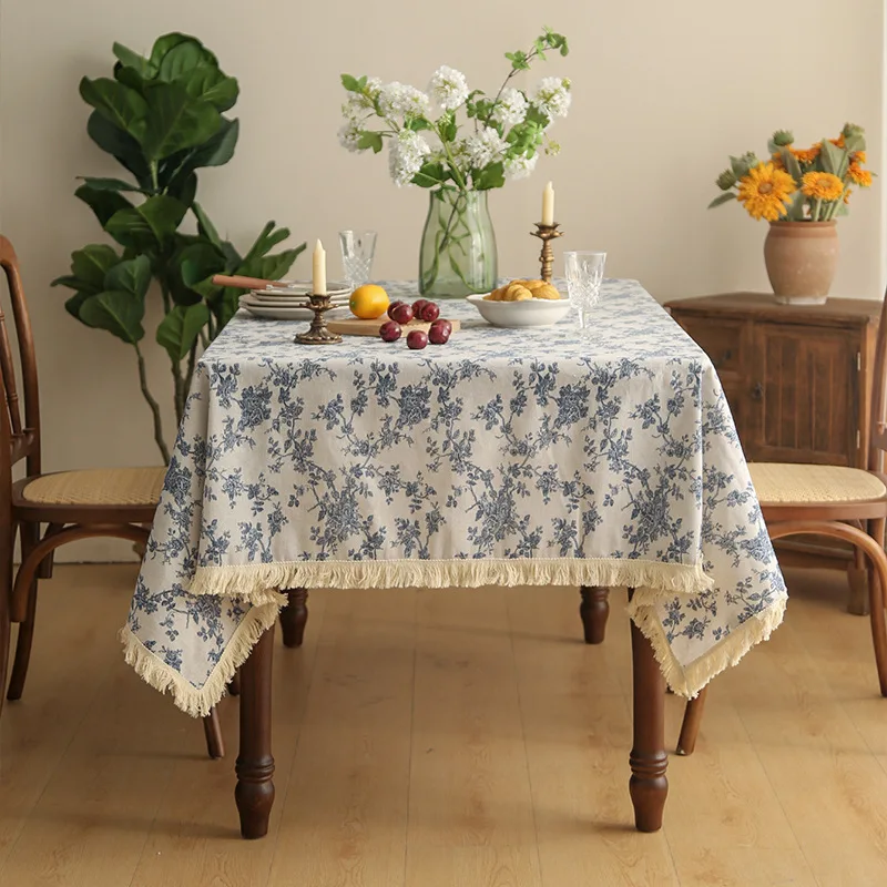 

French Retro Fringed Blue White Tablecloth Country-style Cotton Linen Tablecloth Rustic Background Cloth for Photography