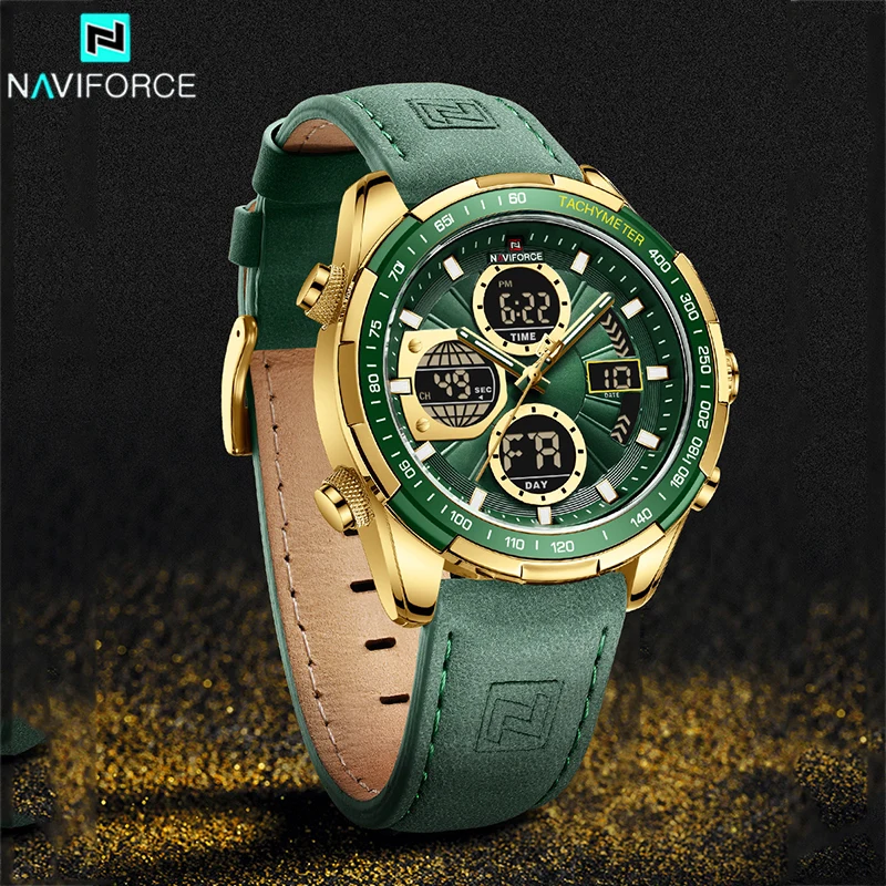 NAVIFORCE Fashion Men Sport Watches Luminous Dual Display Waterproof Quartz Genuine Leather Men Wristwatch Relogio Masculino