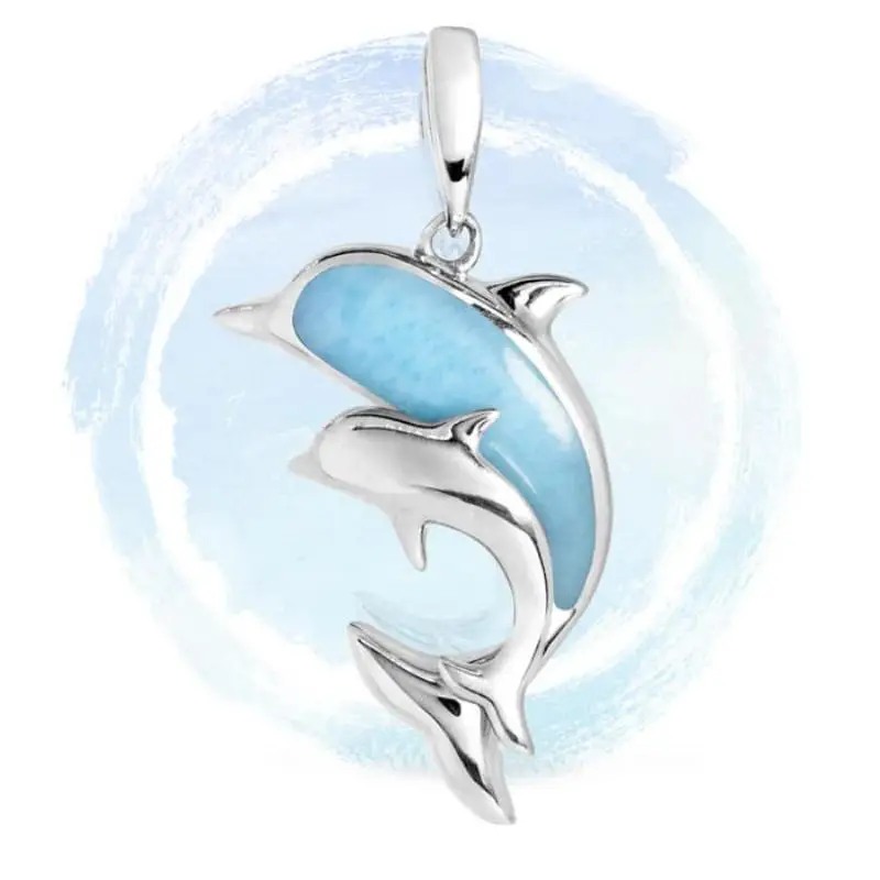 Hawaiian Jewelry Wedding Pendant Natural Larimar Sea Life Dolphin Jewelry   Sterling silver Jewelry For Women Or Teens