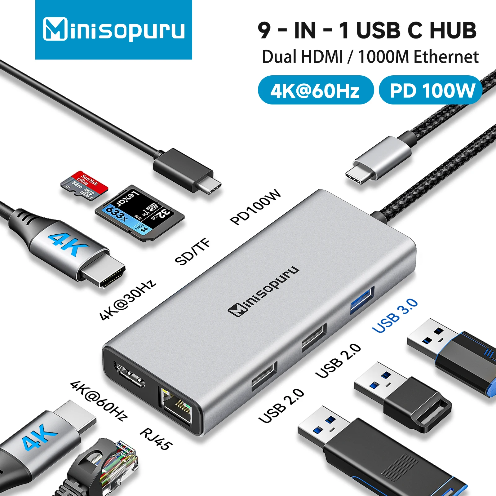 

Minisopuru USB C HUB 9 in 1 Dual Monitor Docking Station with 4K60Hz Gigabit Ethernet PD 100W SD/TF Type-C Hubs for MacBook Pro