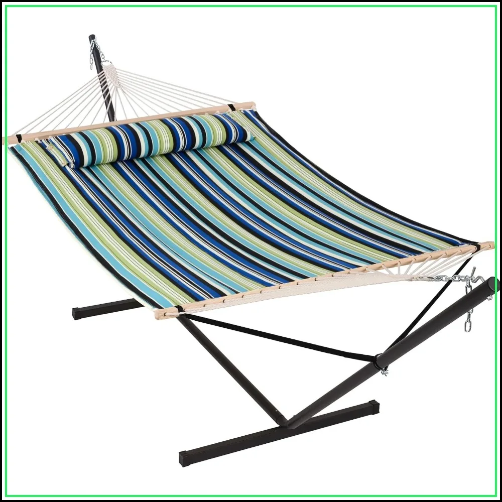 Patio Hammock with Stand 12FT Included for Outside, Green and Blue Stripe