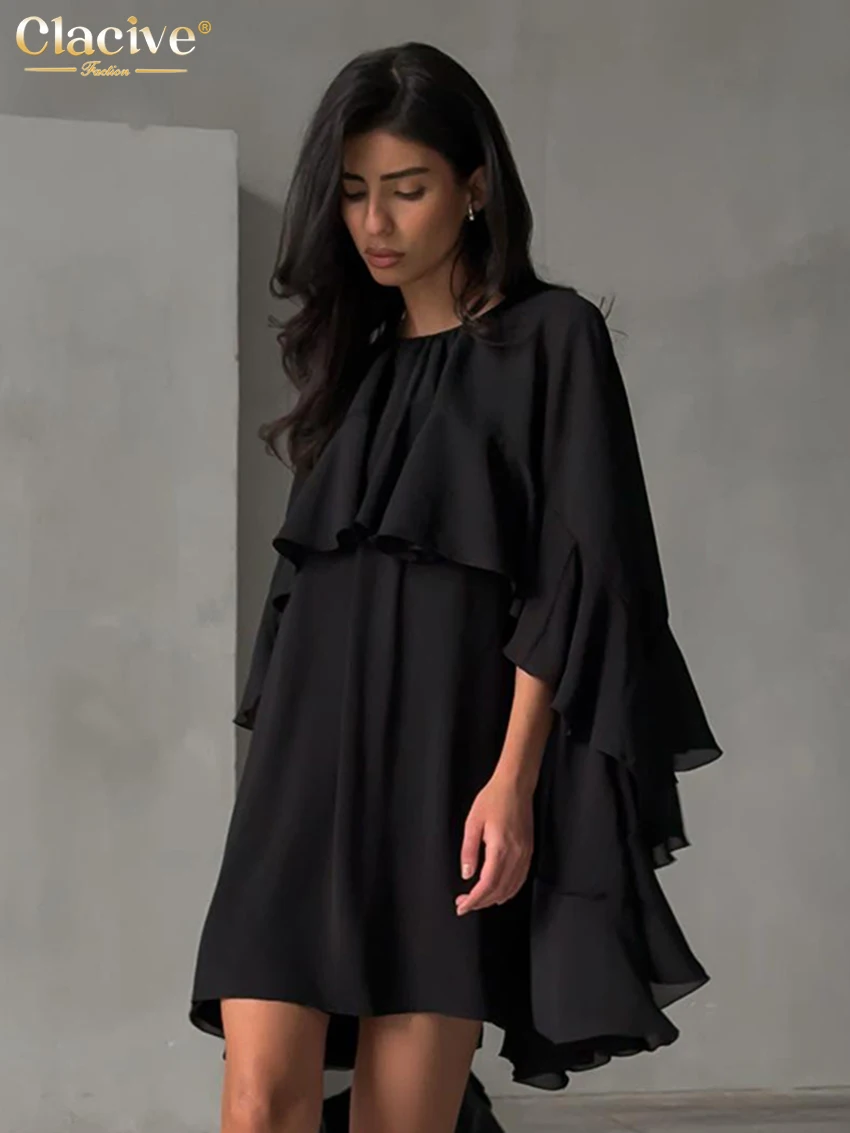 

Clacive Casual Loose Black Women's Dress 2025 Fashion O-Neck Long Sleeve Mini Dresses Elegant Classic Pleated Female Dress