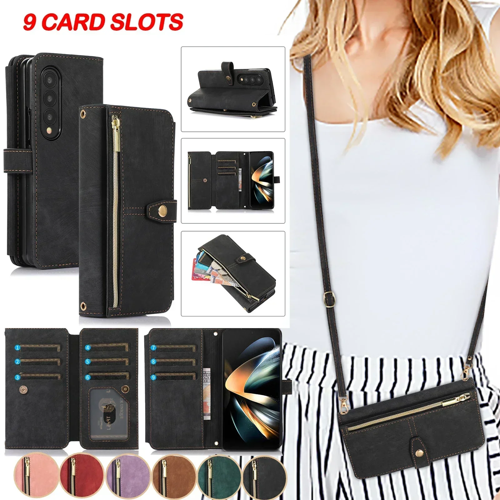 

Crossbody Wallet Phone Case for Samsung Galaxy Z Fold 6 5 4 3 Fold5 Fold4 Fold6 5G Card Holder Stand Lanyard Flip Leather Cover