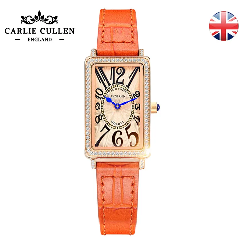 Fashion Unique Design Luxury Diamond Crystal Women Watches Orange Leather Strap Quartz Girl Ladies Clock Dress Wristwatch