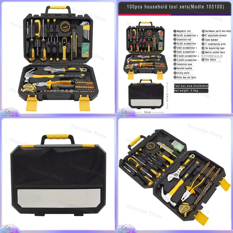 

100-Piece Household Tool Set with Screwdriver Wrench Pliers Multifunctional Hand Tools Kit for Home Repair DIY Furniture