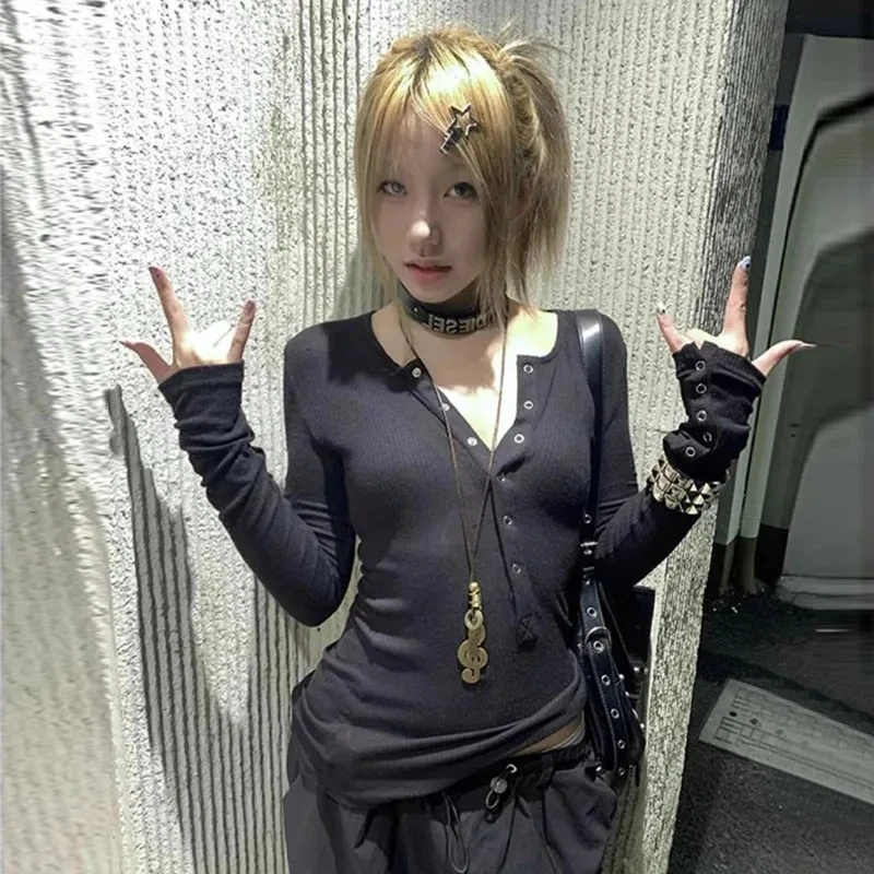 

Tonngirls Y2k японская футболка женские кружевные топы с длинными рукавами и графическим принтом уличная одежда американские ретро 90-х укороченные топы осенние футболки