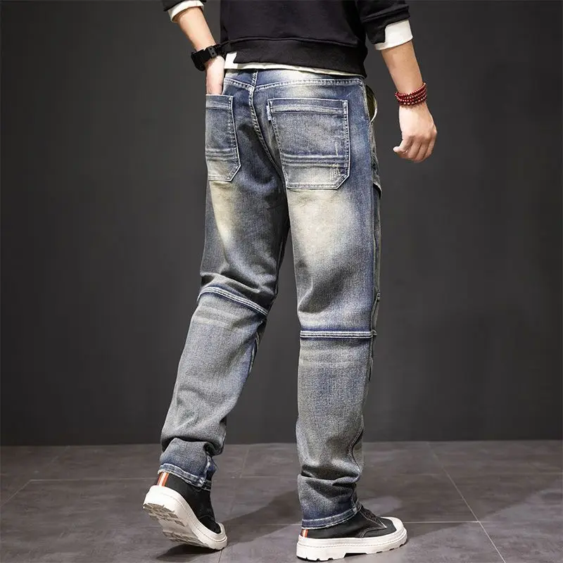 Retro Nostalgic Handsome Overalls Men's Splicing Trendy Brand Spring Autumn Large Size Multi-pocket Small Straight Cargo Jeans