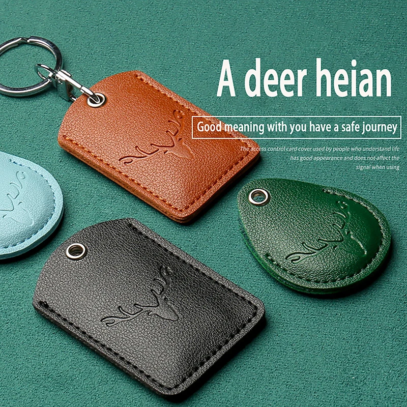 1Pc Access Card Case Leather Card Holder Keychain Key Ring Door Lock Access Tags ID Card Case Keychain Access Card Bag