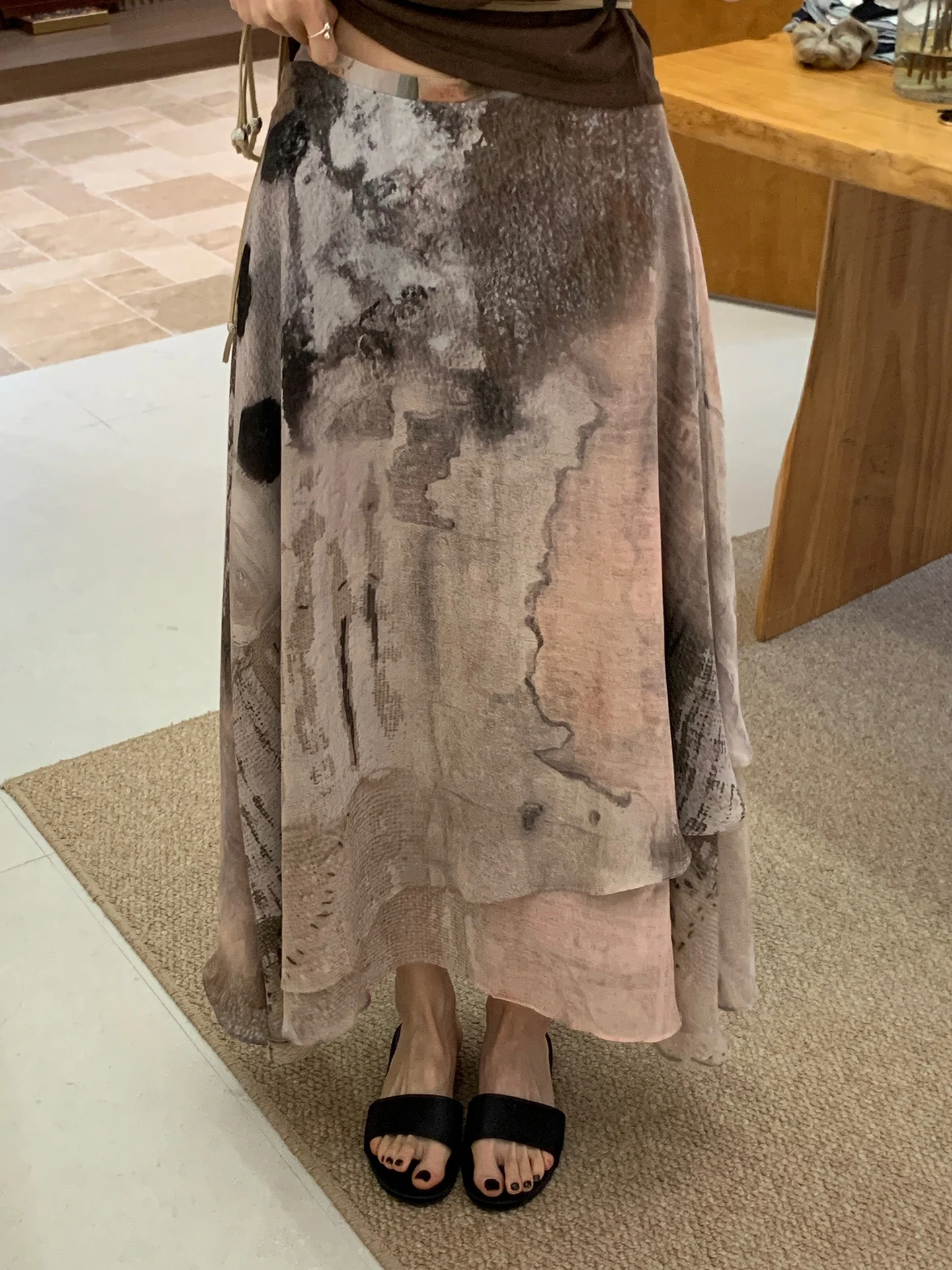 

BRIVIN Pink Water-Media Print Asymmetrical High-Waist Long Skirt Women's Summer New Style Slimming Half-length Skirt