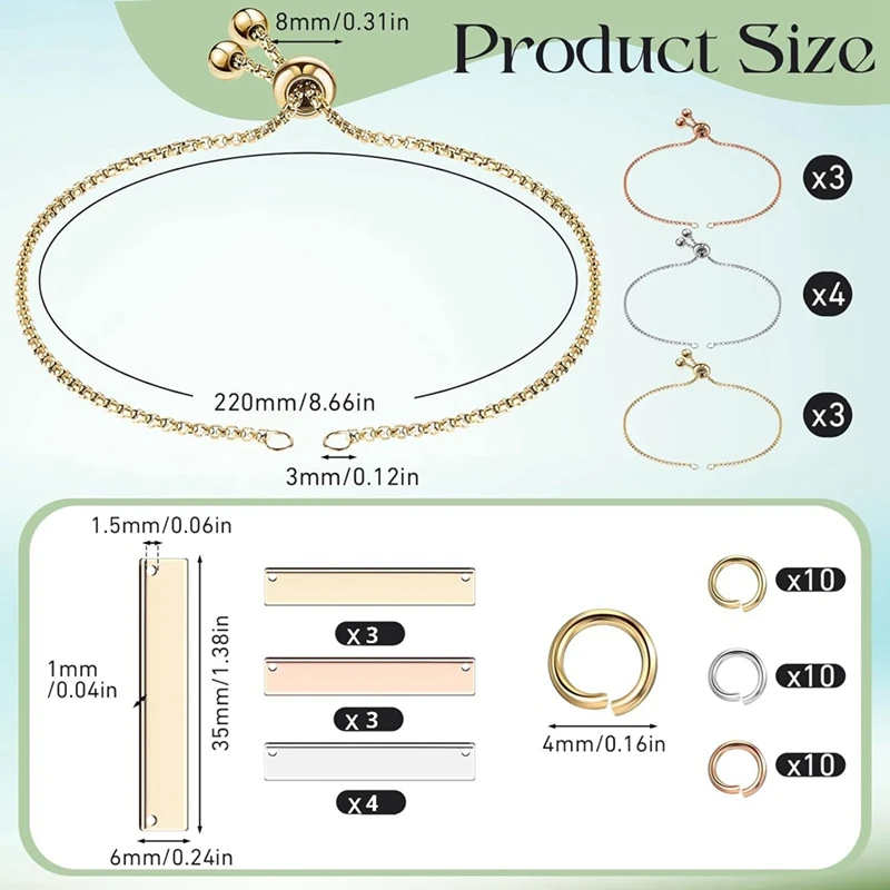 Kit de bricolaje de pulseras grabables que incluyen 10 colgantes rectangulares con etiquetas en blanco, 10 pulseras deslizantes ajustables, 30 anillos de salto