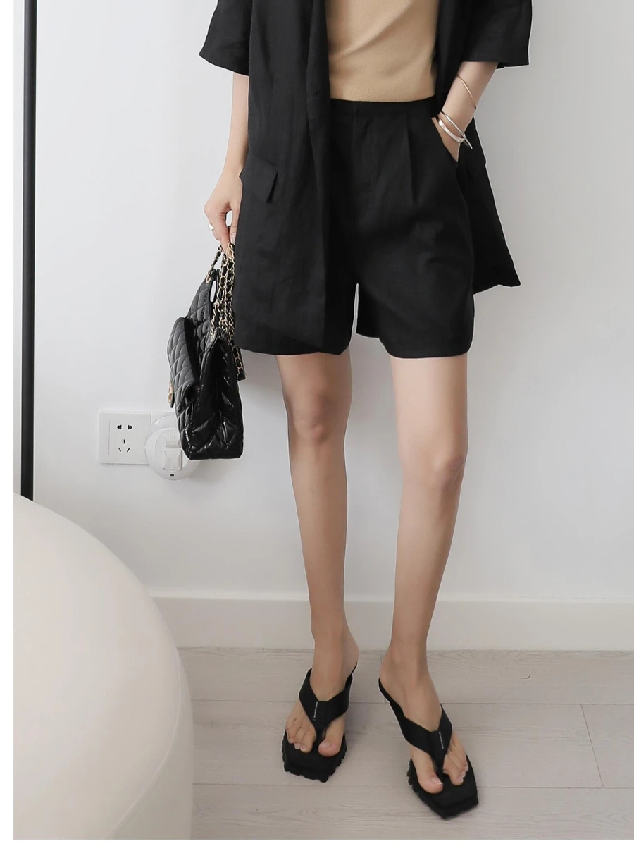 

3HLADY Comfortable Casual Loose Waist Pleated orts Women's Linen Trousers High Waist Folded Hem Leisure Pants