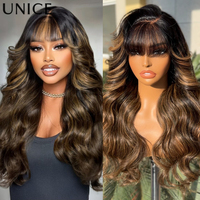 UNice Hair Balayage Highlights Fluffy Loose Wave Curtain Bangs Wig With Drawstring Glueless 7x5 13x4 Human Hair Lace Frontal Wig