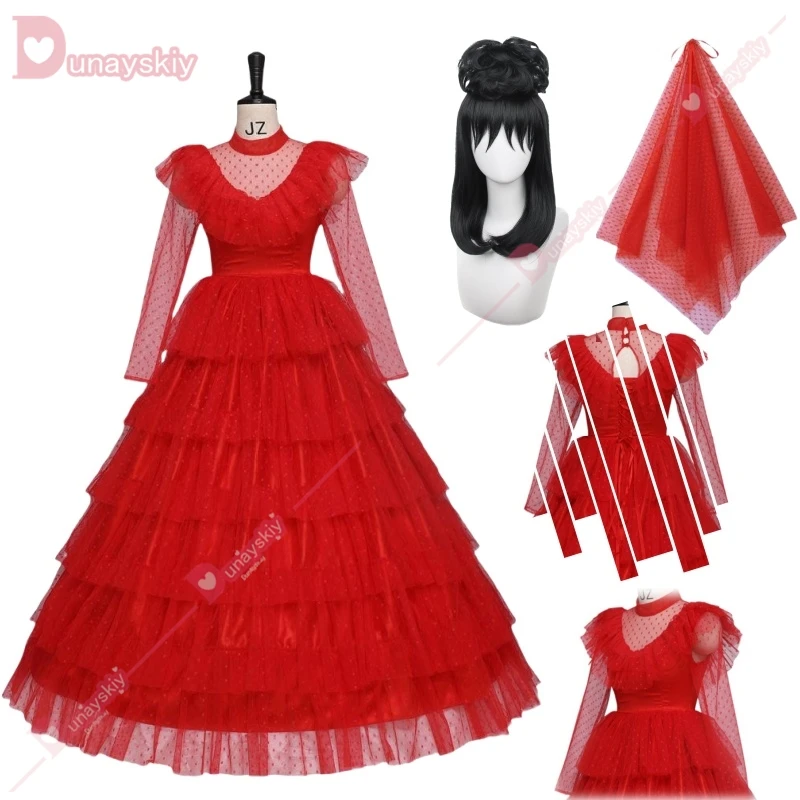 

Lydia Cosplay Costume Red Wedding Dress Movie Cosplay Costume Women Outfits Halloween Suit Adult Fancy Dress Up