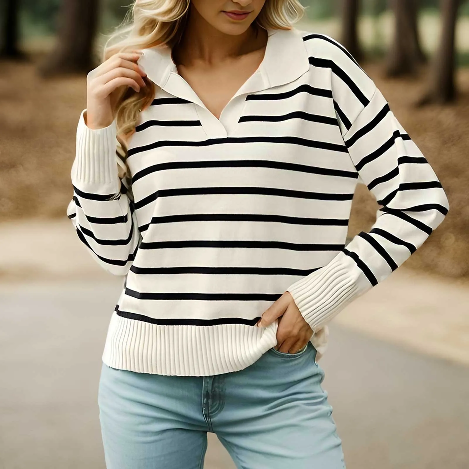 

Women Fashion Loose Striped Knitted Sweaters Vintage Long Sleeve Soft Comfortable Warm Sweater Female Casual Pullovers Chic Tops