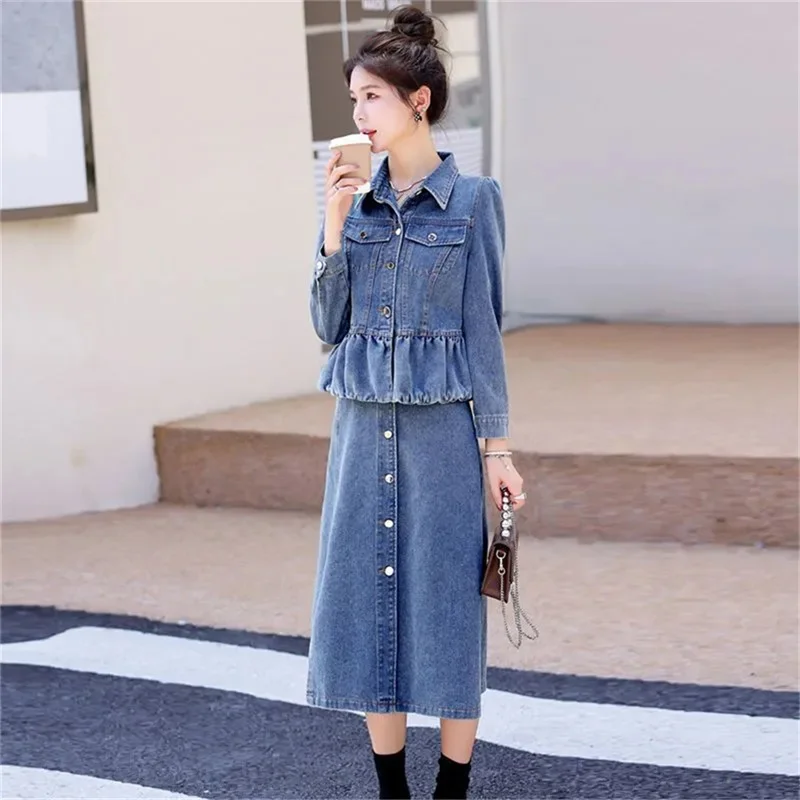 Cowboy Jacket Female New 2024 Spring And Aautumn New Korean Fashionable Floral Denim Jacket And Jean Skirt Two-Piece Suits Blue