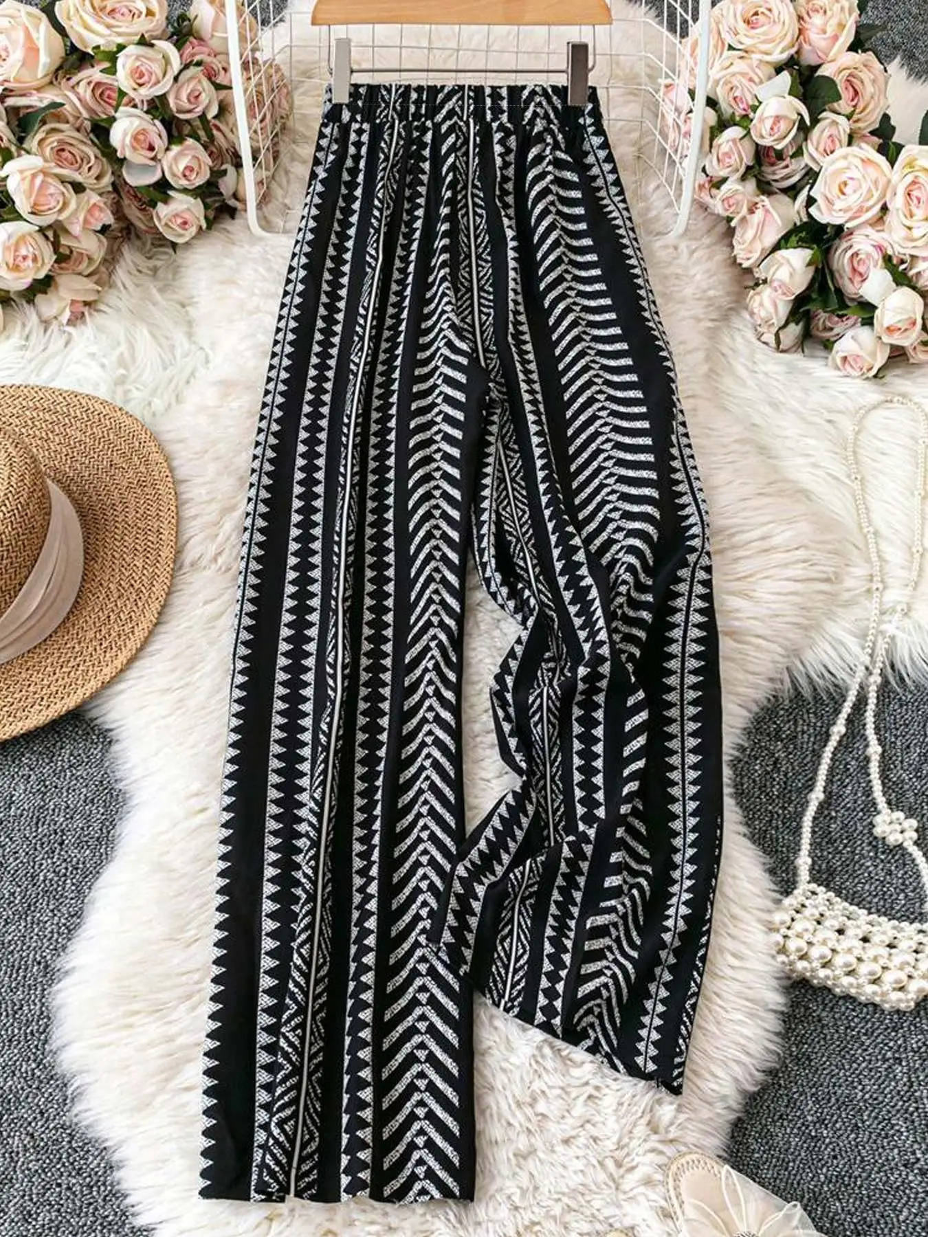 【مقاس كبير】 بنطال خصر بربطة عنق مطبوعة بالزهور، بنطال مريح كاجوال للارتداء اليومي، قيعان نسائية لجميع المواسم