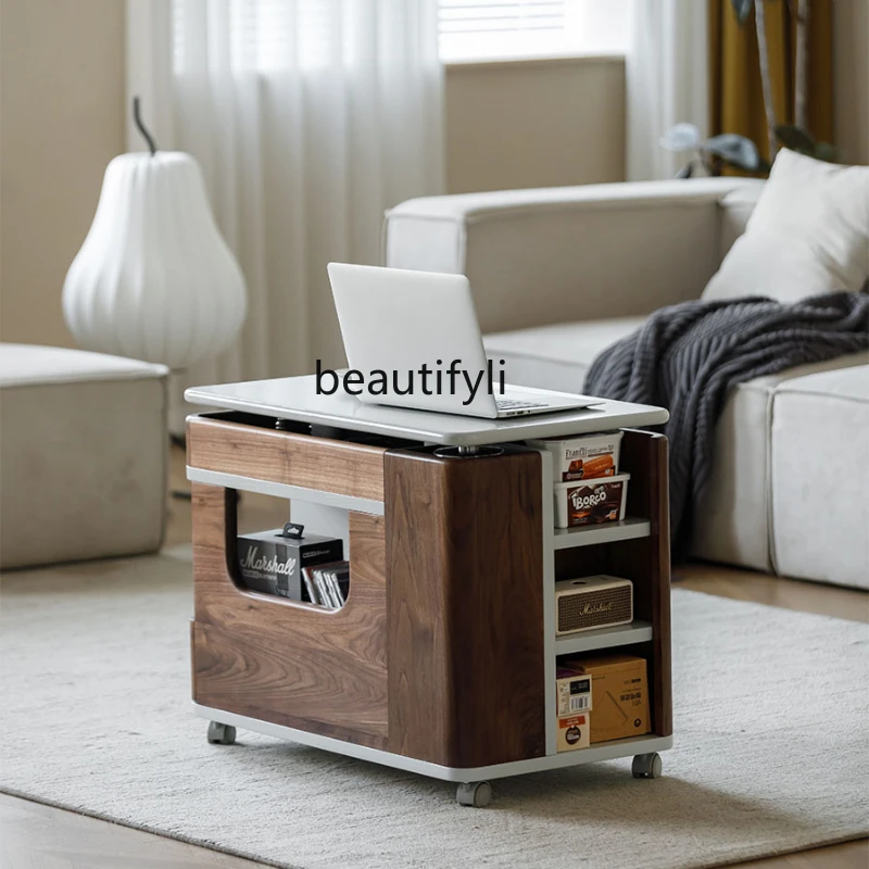 

Solid Wood Lifting Coffee Table Movable Trolley Bus Side Table Small Apartment Black Walnut Household Rotating Bedside Cabinet