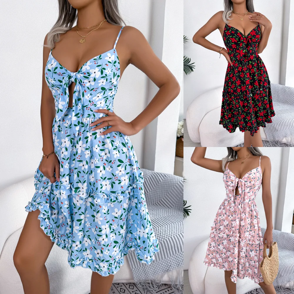 

Real Europe and the United States spring and summer leisure floral bow with wooden ear edge halter dress women's dress