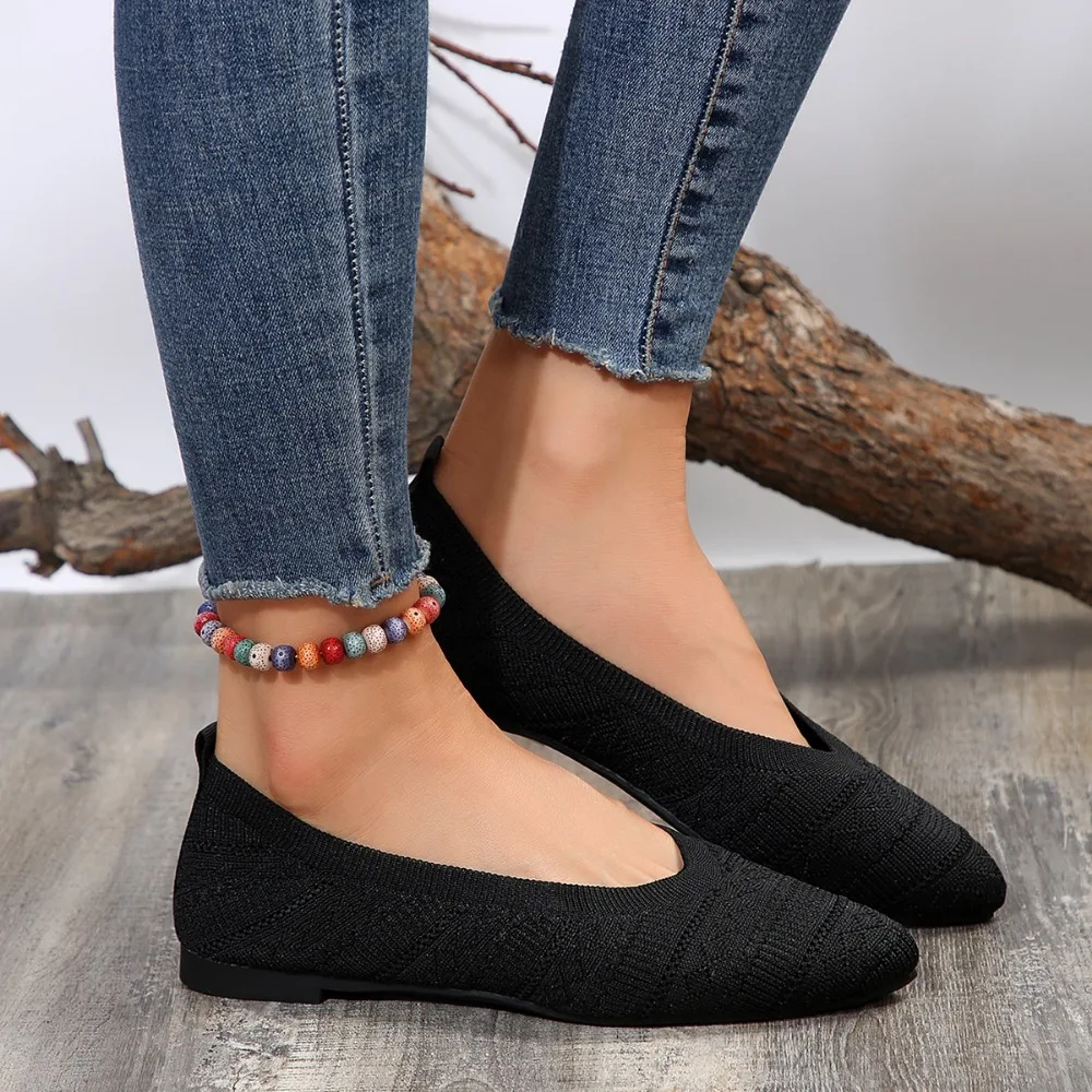 Nuove scarpe singole a punta da donna tinta unita lavorate a maglia Slip on Casual ballerine traspiranti scarpe mocassini Zapatos De Mujer