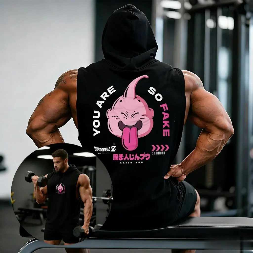 2026 Übergroßes Gym-Tanktop Dragon Ball Majin Buu Anime Ärmelloses Hoodie-T-Shirt für Herren Workout Streetwear Grafik-T-Shirt Sommer