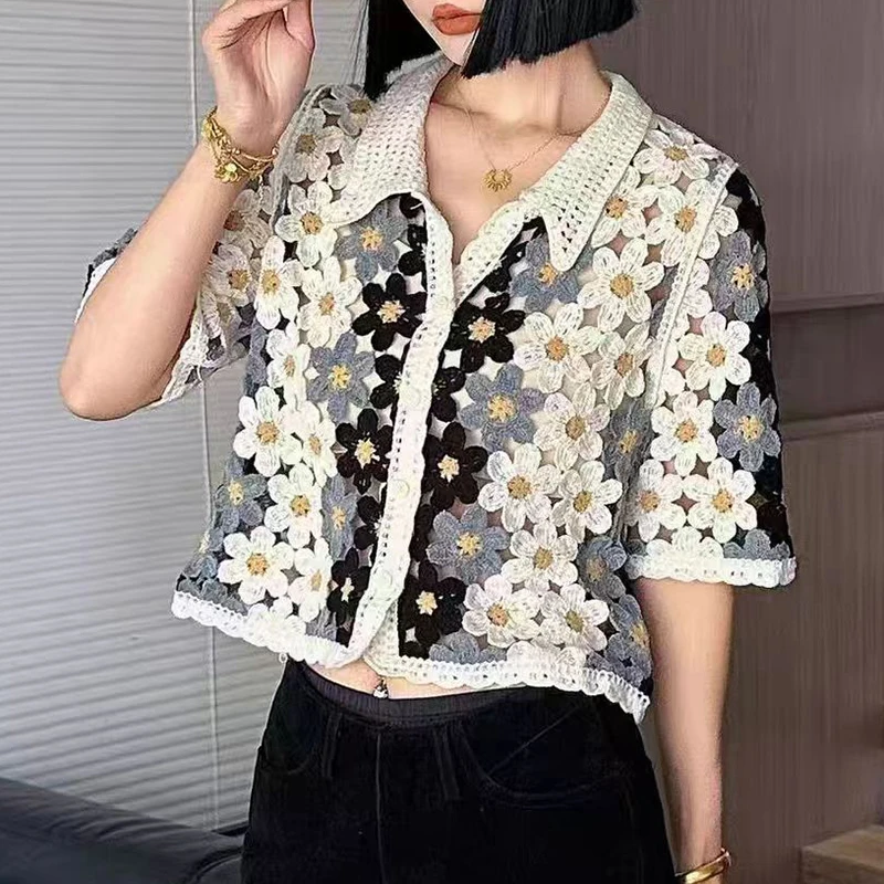 

Crochet Knit Shirt Short Sleeve Floral Granny Square Button-Down Lace Blouse Women Vintage Boho Summer Festival Beach Wear