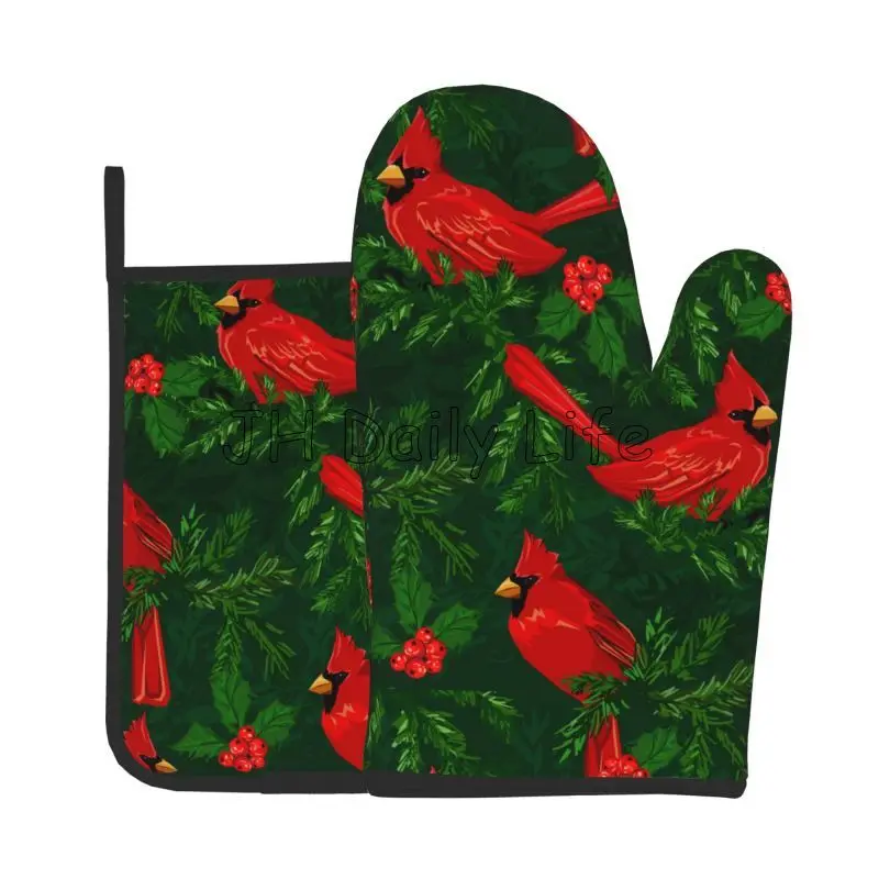 Red Cardinal Bird Oven Mitts Pot Holders Sets of 2 Non-Slip Potholders Heat Resistant Oven Gloves for Kitchen Baking Cooking BBQ