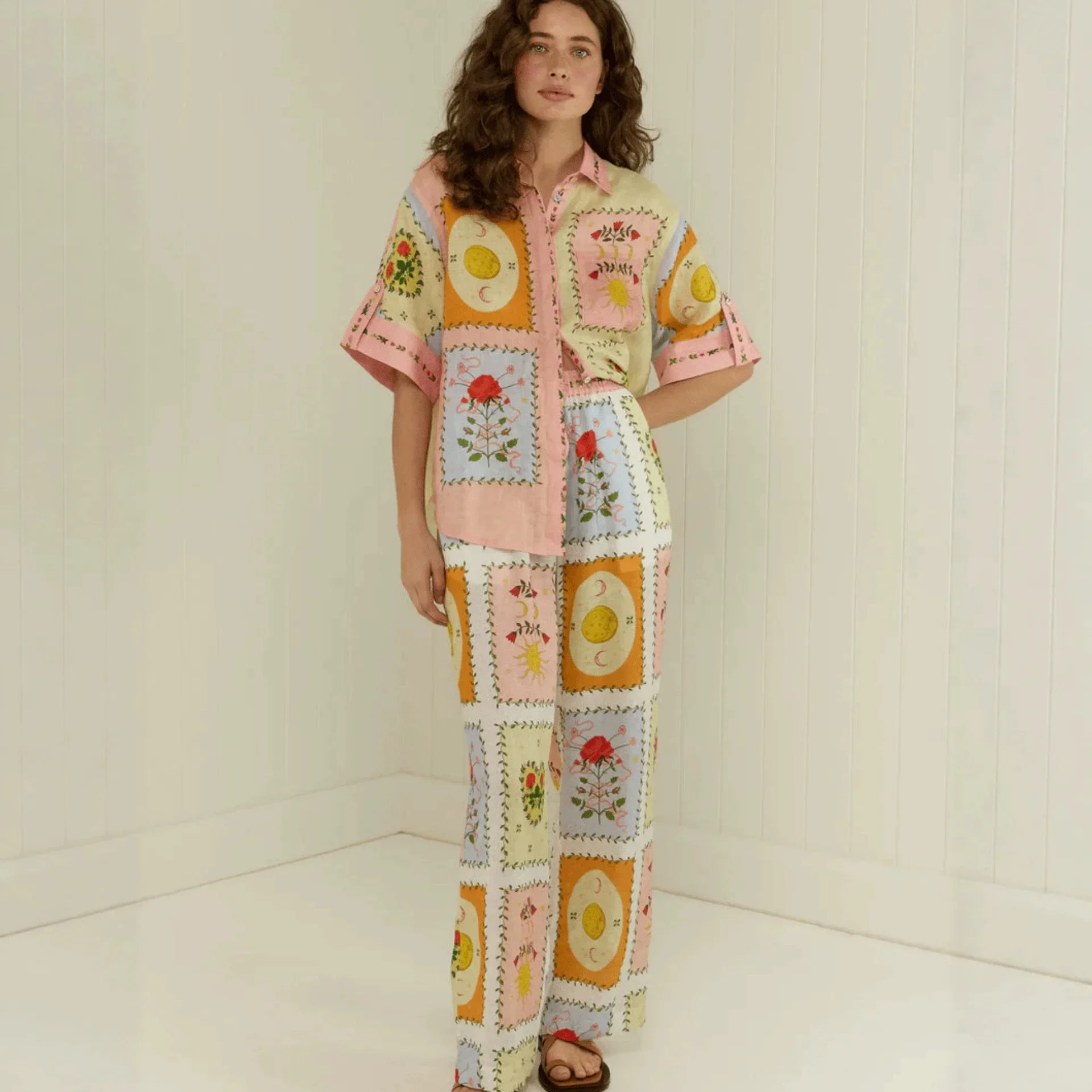 

Holiday Style Two Piece Sets Womens Outifits Spring Summer Loose Long Sleeve Printed Blouse Shirt Wide Leg Retro Plaid Pant Suit