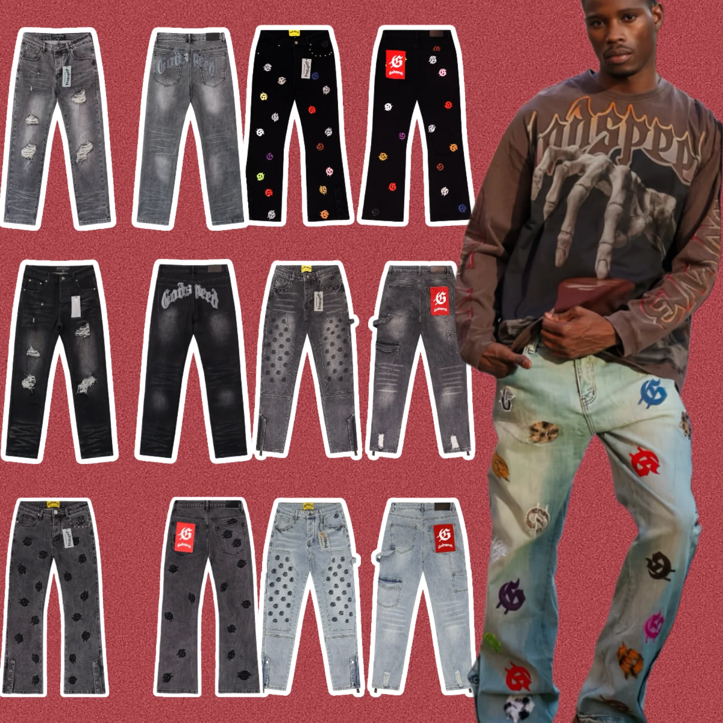 

Godspeed American Sle Street Retro High Street Casual Versatile Hip Hop Denim Jaet Set Loose Fit Embroidered Cotton Blend...