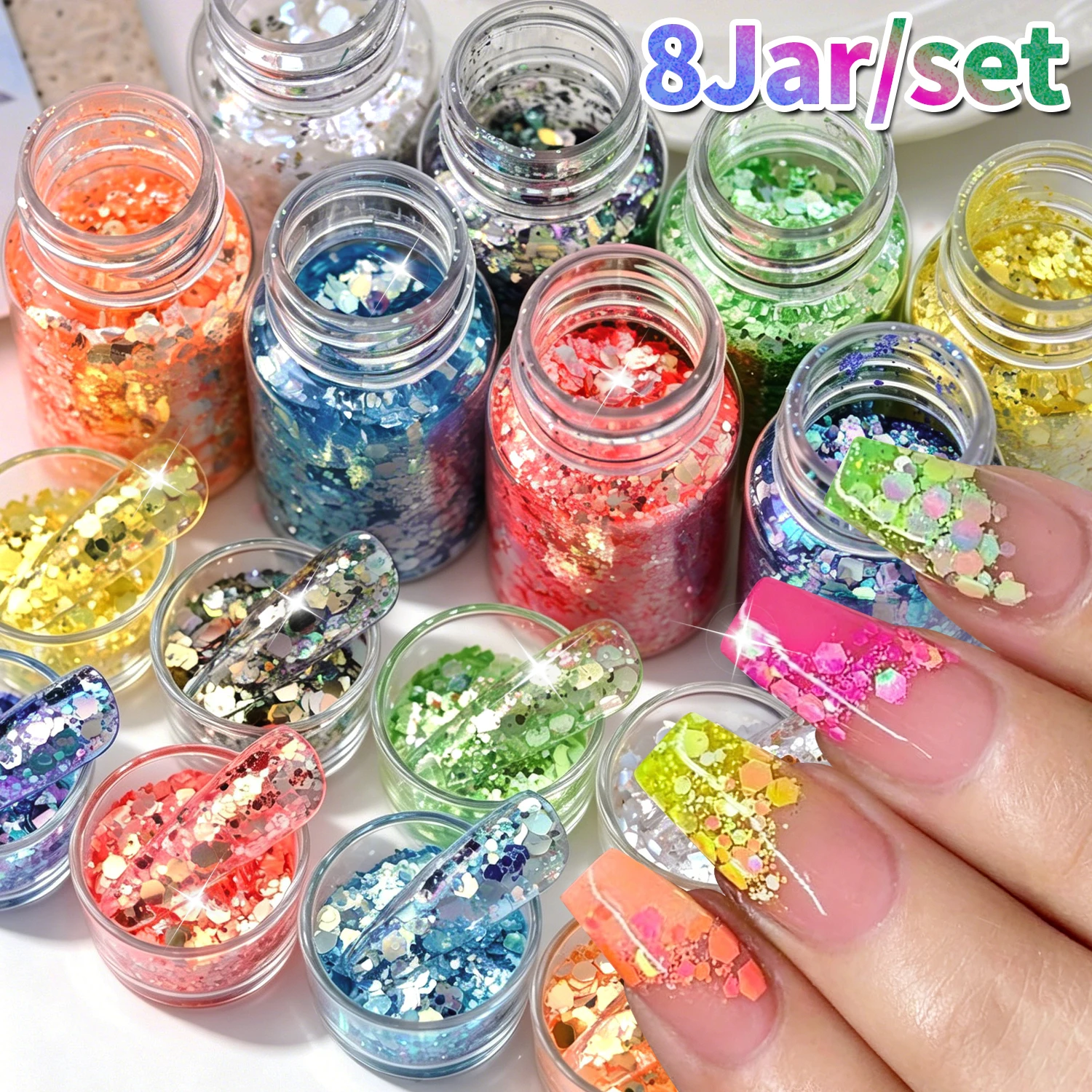 8Jars/Set Holographic Chunky Nail Glitter Colorful Hexagonal Sequins Mixed Glitter Flakes Shiny Nail Decor Festival Makeup & DIY