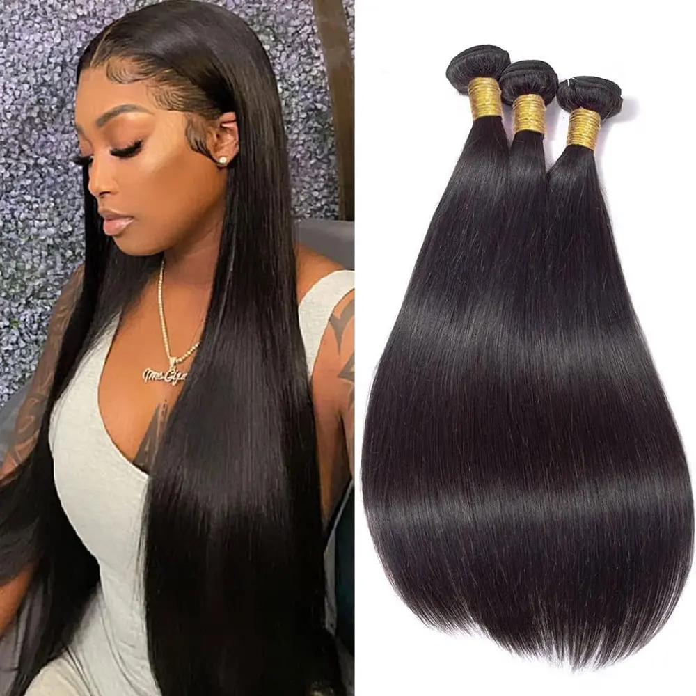 Extensiones de cabello liso largo brasileño de 14-32 pulgadas, 1/3/4 ofertas de extensiones, 100% extensiones de cabello humano virgen sin procesar, Color negro Natural