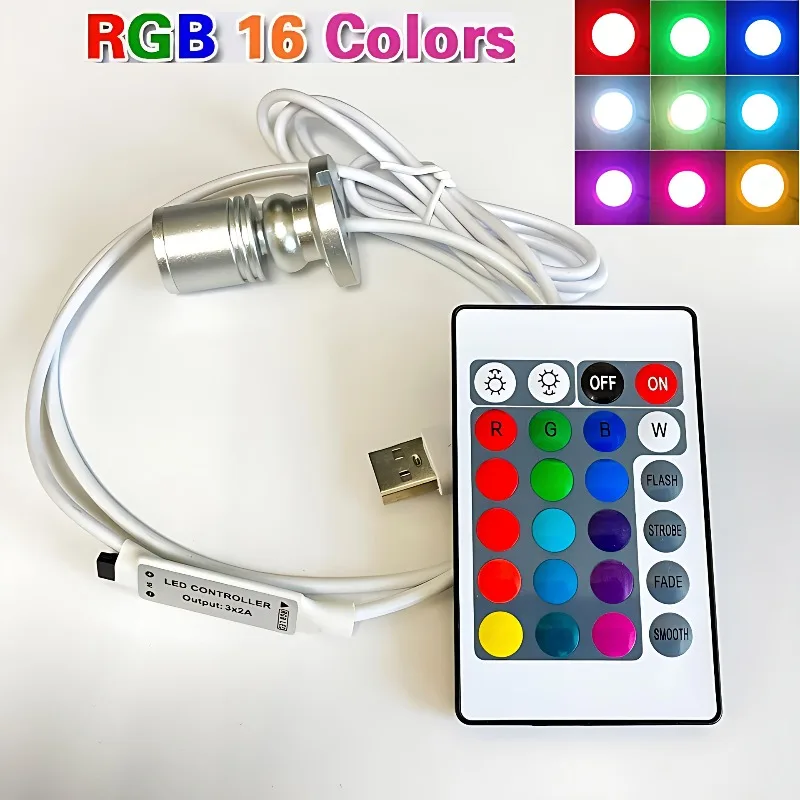 USB RGB LED Mini Spotlight with Remote Control Dimmable Rotatable Lamp for Display Showcase Model Figures Bedroom Decor Portable