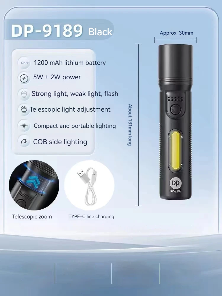 Linterna edc con zoom, mini linterna de alta potencia, linterna Led recargable por USB con luz lateral COB para luz de trabajo