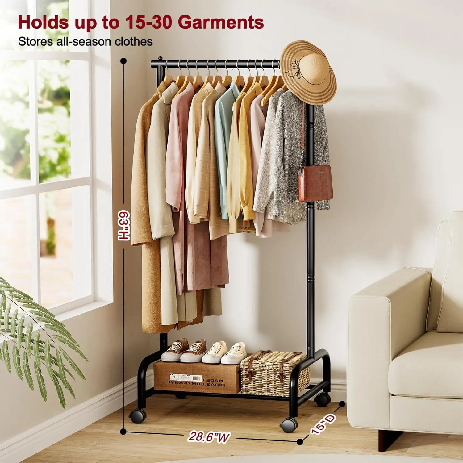 Heavy Duty Clothing Racks for Hanging Clothes, Small Rolling Clothes Rack with Wheels