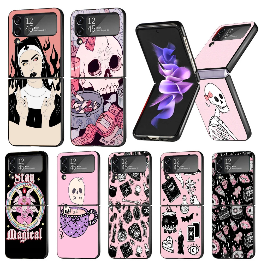 Pink Cat Skull Sorceress Witch Hard Black Cover for Samsung Galaxy Z Flip 4 3 5 5G Phone Case Flip4 Flip3 Flip5 Pattern Luxury